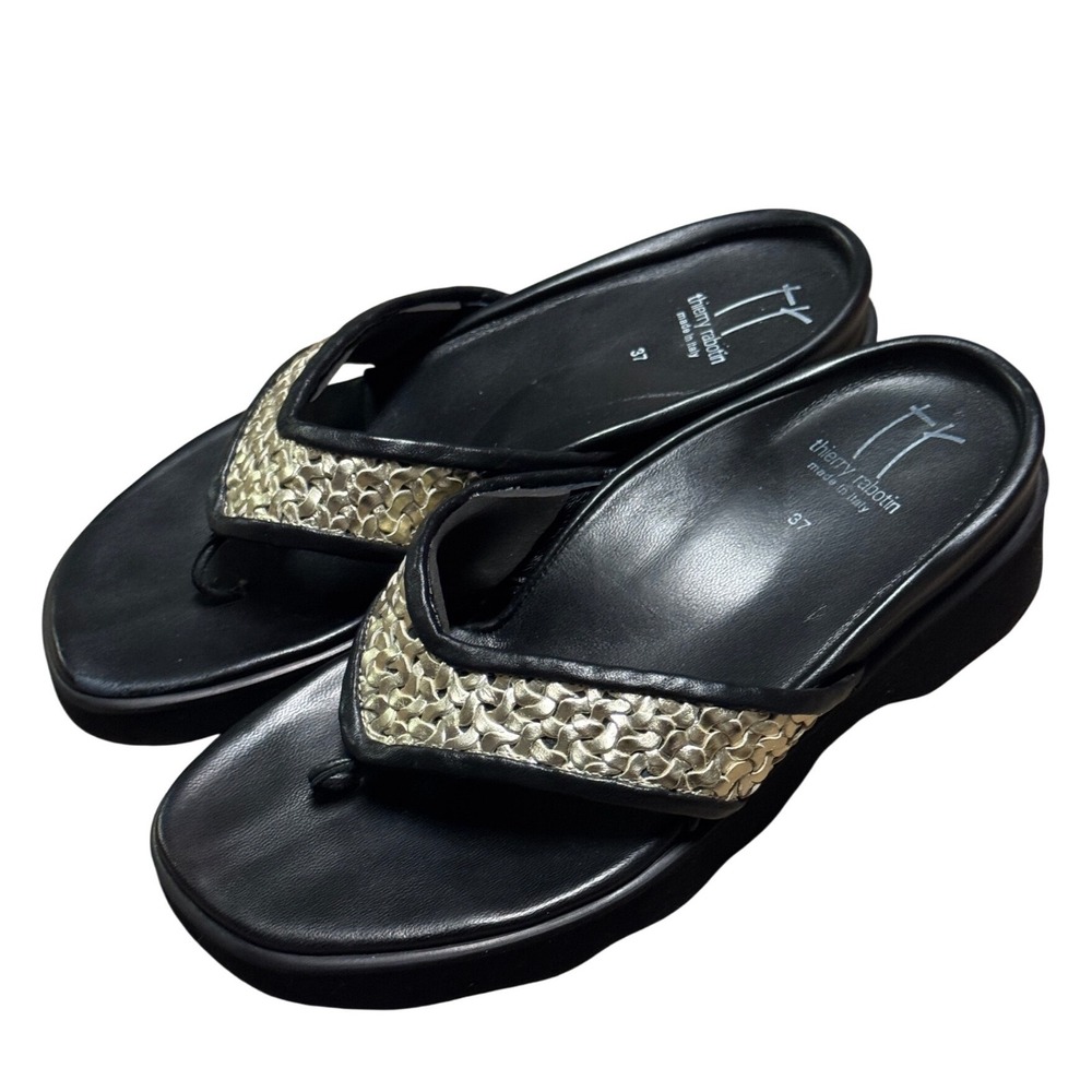Thierry Rabotin Womens Black Woven Gold Leather Wedge Thong Sandals Italy 37